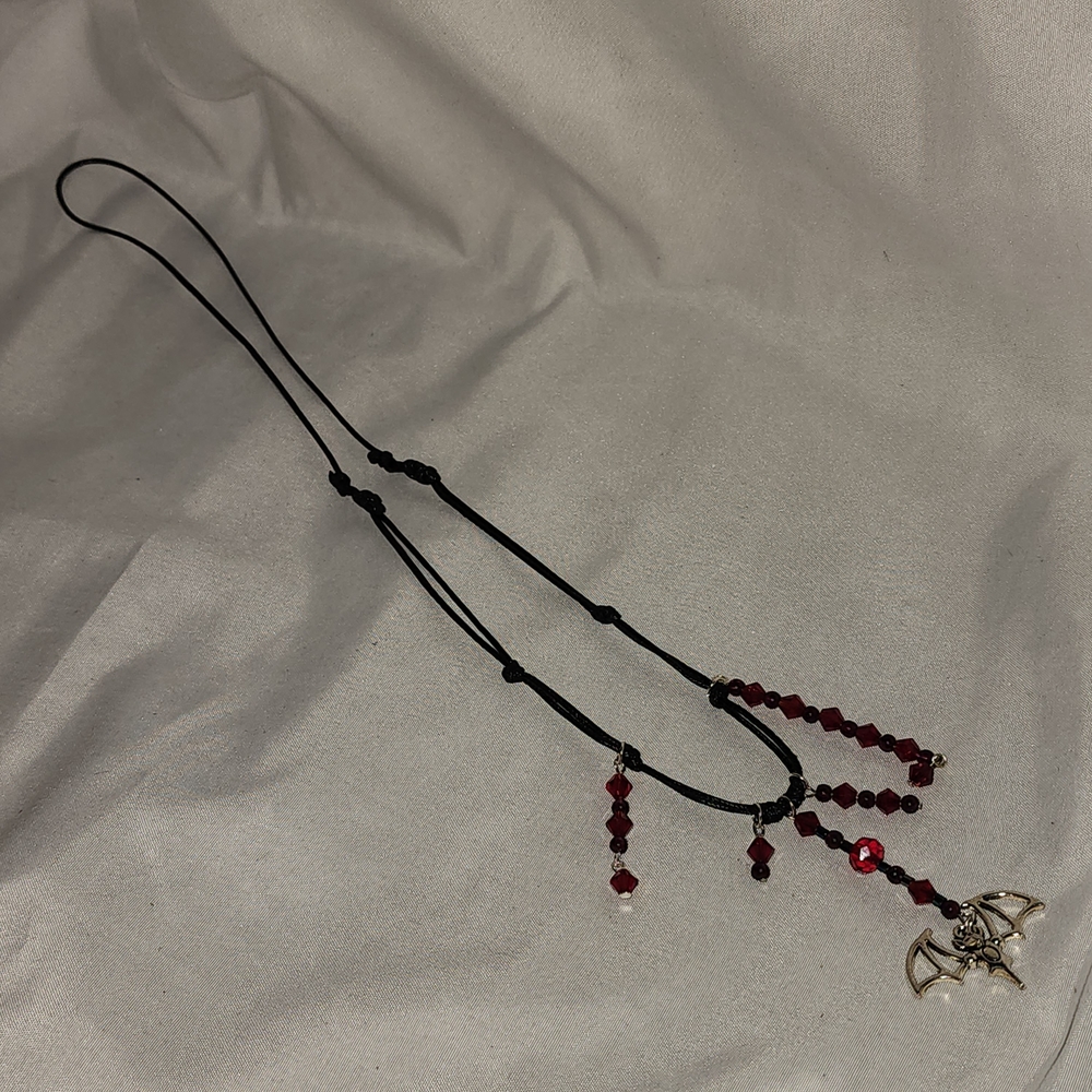 Handmade Gothic Red Crystal, Genuine Garnet and Silver Bat Pendant Necklace - Picture 5 of 14